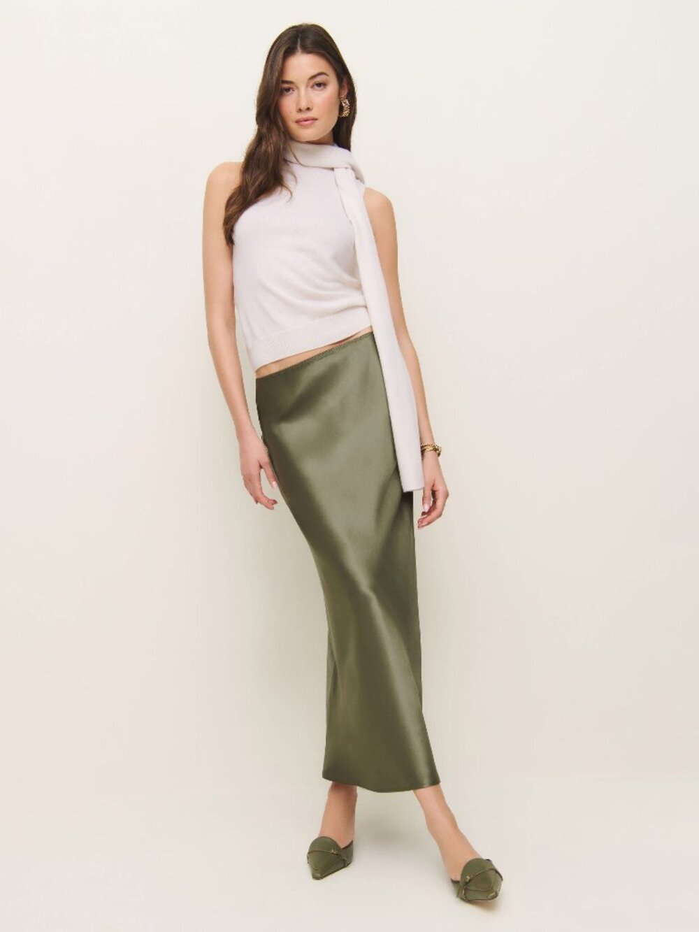 Reformation Layla Silk Skirt — Olive Green, Size 2